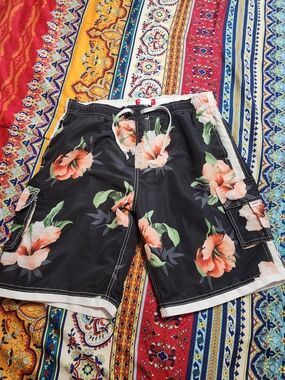 Ingear Black Swim Shorts with Peach Floral Accents Size Med